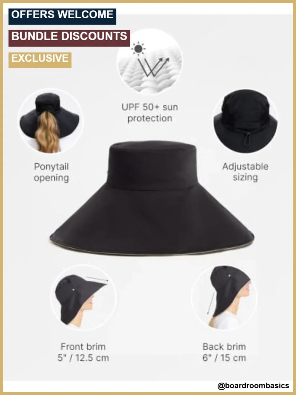 UPF 50+ Ultra Wide Brim Sun Hat with Ponytail Opening, Lightweight, Packable